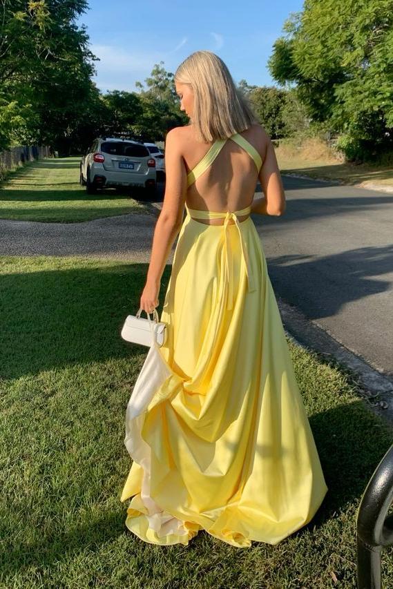 A-line Plunge Yellow Evening Dress UK Long Satin Prom Dress