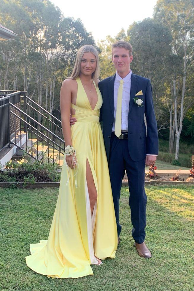 A-line Plunge Yellow Evening Dress UK Long Satin Prom Dress