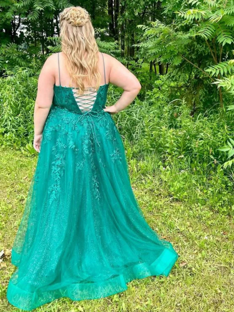 A Line Plus Size PromDresses Green Lace V Neck Open Back