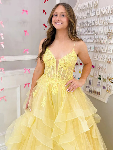 A Line Puffy Yellow V Neck Lace Formal Dress