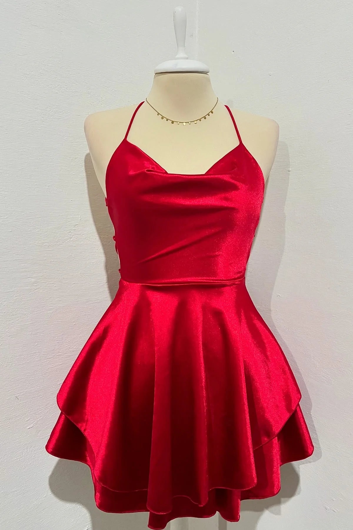 A-line Red Satin Homecoming Dress Spaghetti Strap Mychicdress