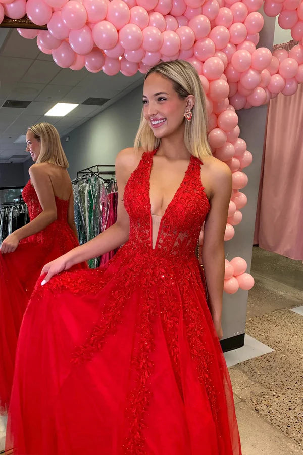 A LIne Red Halter Lace Prom Dress US with Beaded Applique