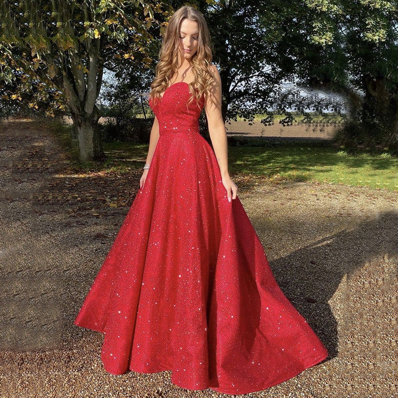 A Line Red Strapless Glitter Evening Dress Sequin Sweetheart
