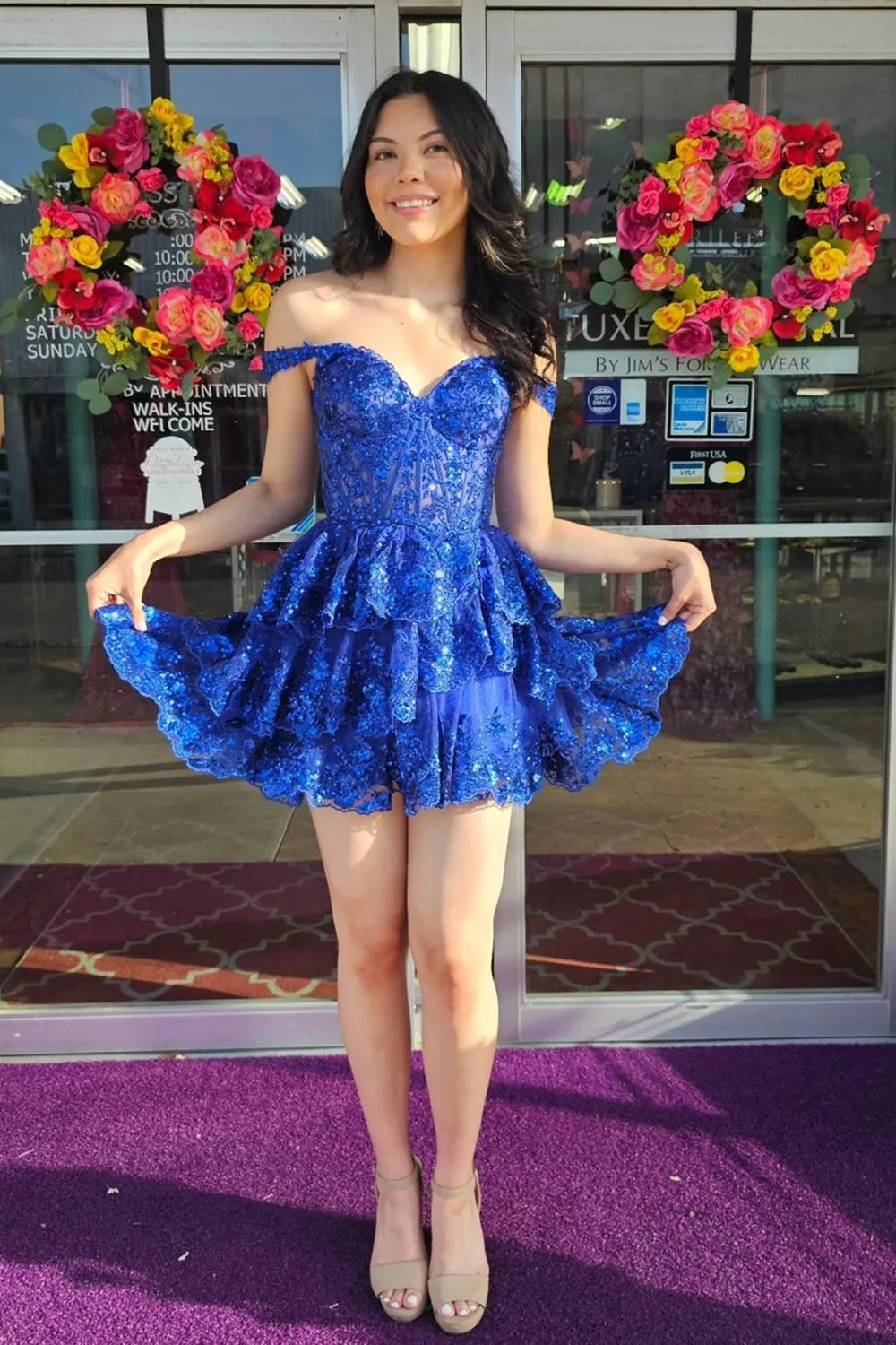 A Line Royal Blue Corset Homecoming Dress Tiered Off the Shoulder Mychicdress