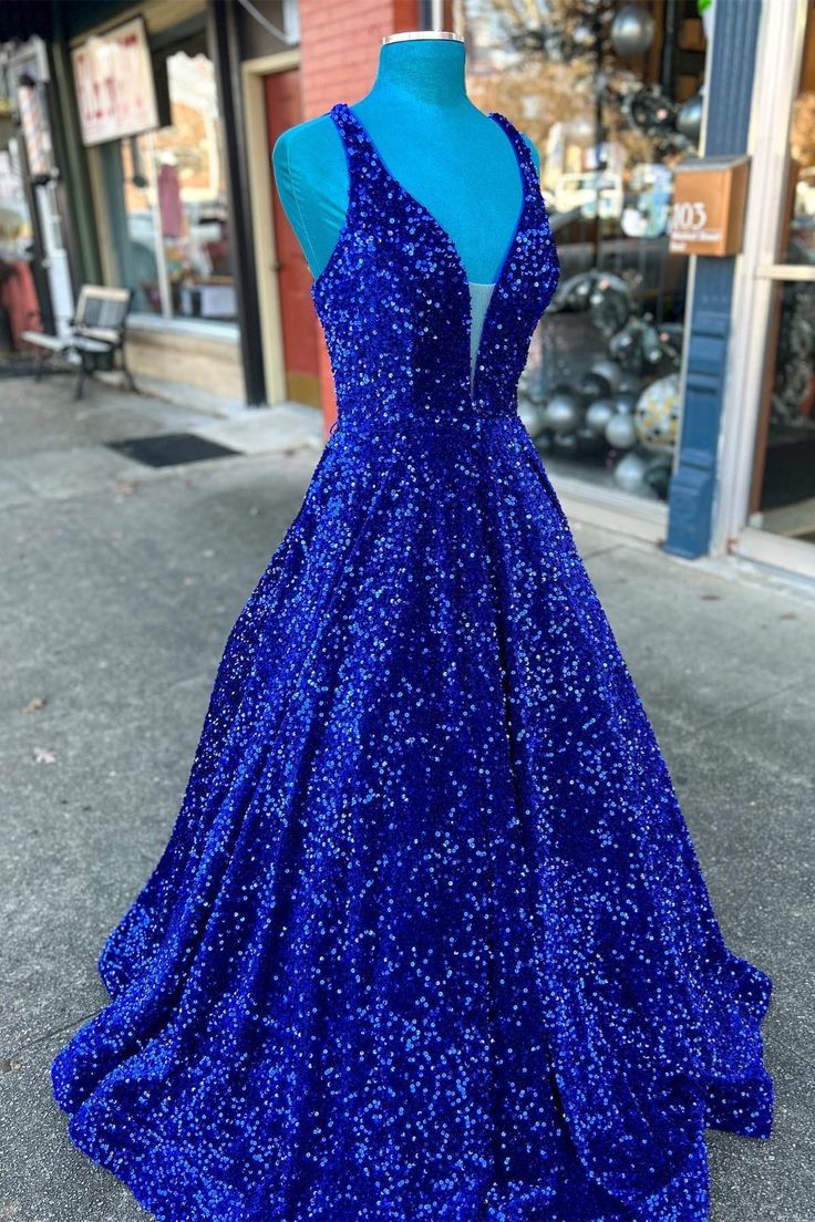 Mychicdress A Line Royal Blue Sequin Prom Dresses Straps