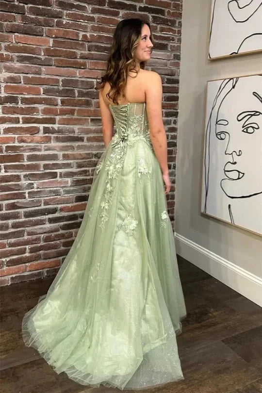 A-Line Sage Green Prom Dress Tulle Sweetheart Appliques
