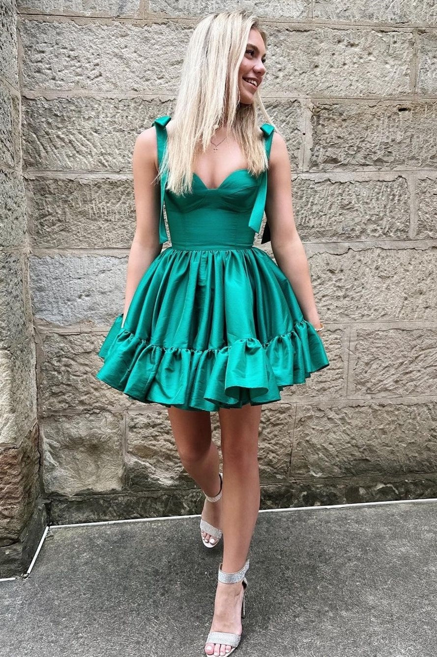 A-Line Satin Green  Homecoming Dress Ruched with Bow Strap Sleeveless