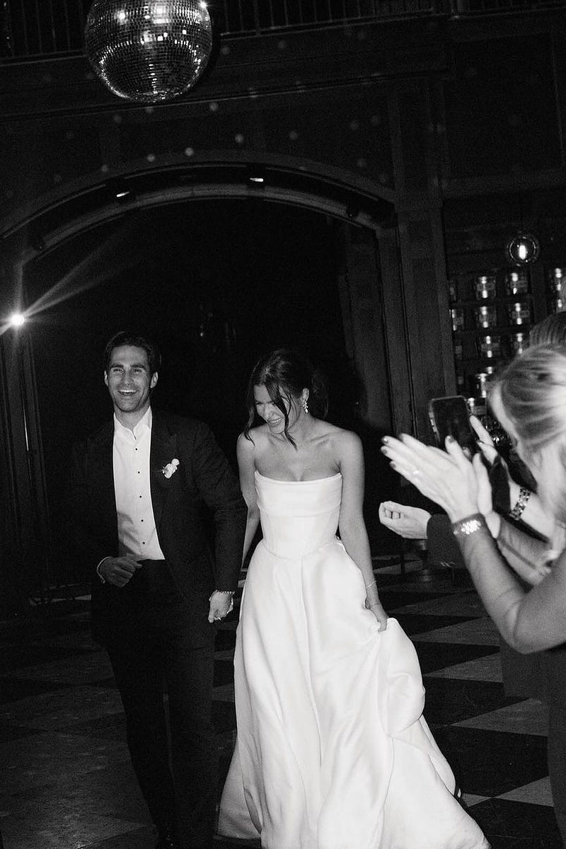 A-Line Satin Plain Wedding Dress White Strapless with Slit