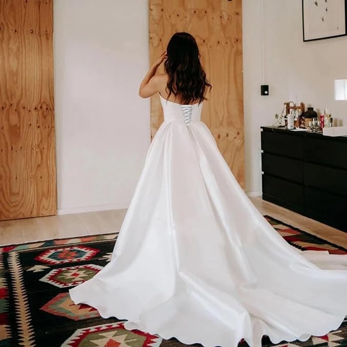 A Line Satin Strapless Wedding Dresses Corset Bridal Gown