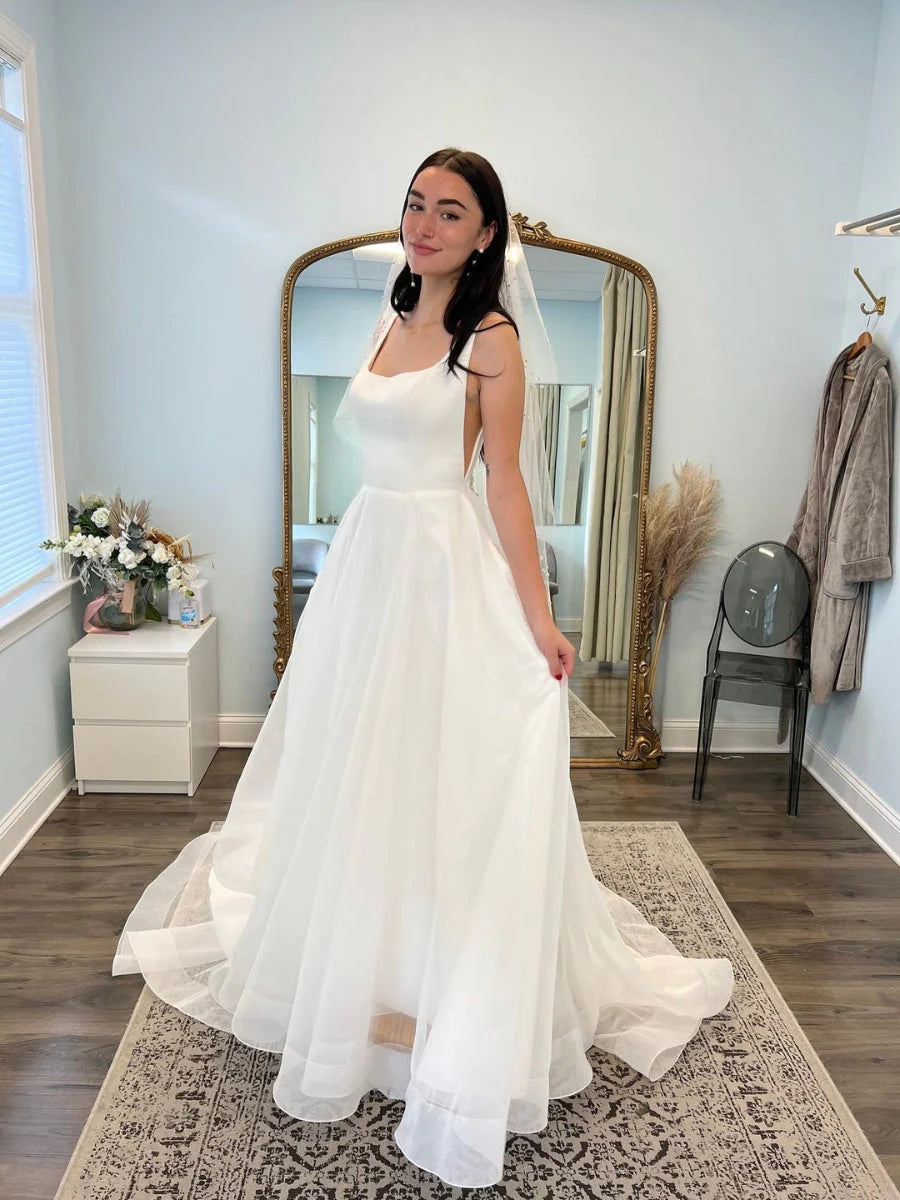 A Line Simple Drop Waist Minimalist Wedding Dresses Satin Gown for Women Mychicdress