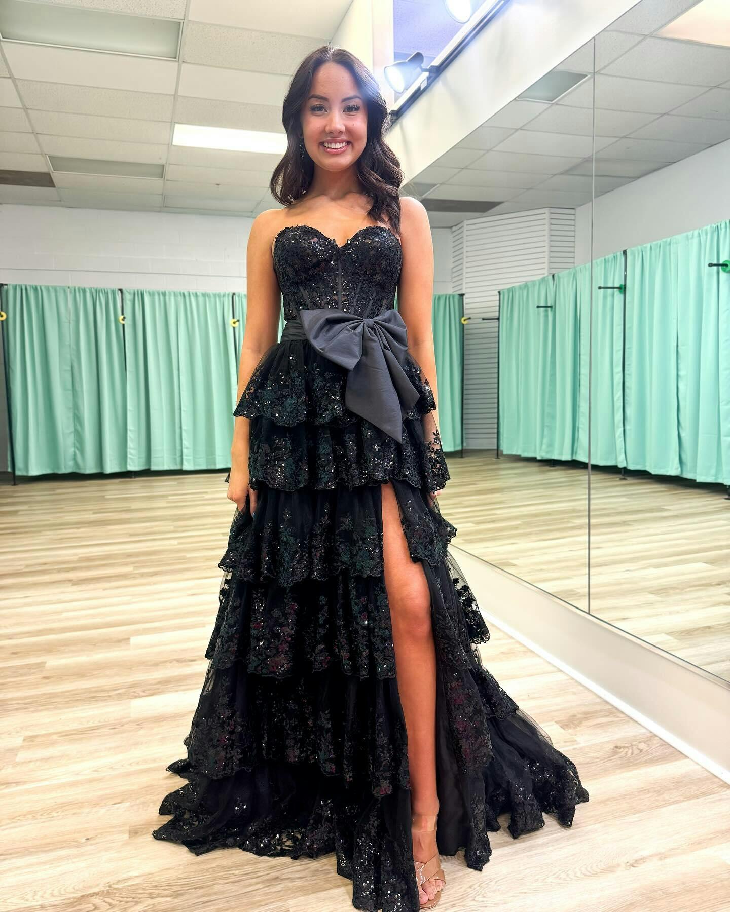 A-Line Strapless Black Tiered Prom Dress Lace Sequins Appliques