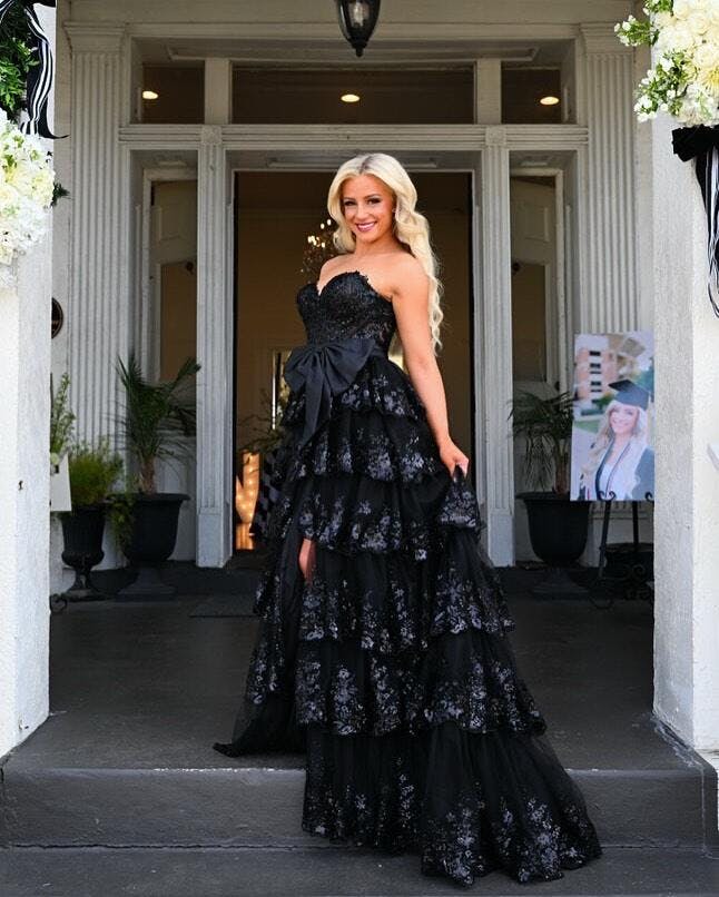 A-Line Strapless Black Tiered Prom Dress 