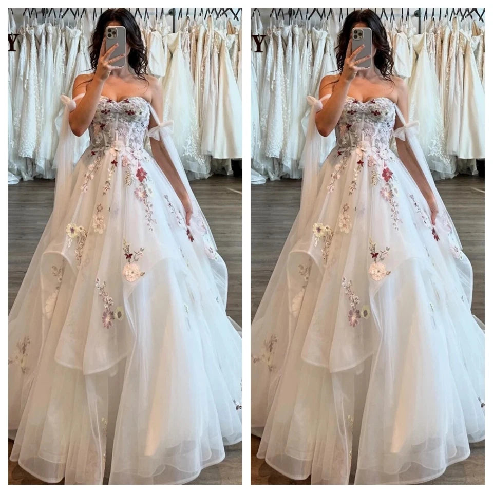 A-Line Strapless Floral Wedding Dresses Ruffled Lace 3D Flowers