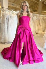 A Line Strapless Fuchsia Prom Dress 2025 Ruched with Bowknot