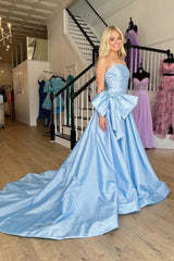 A Line Strapless blue Prom Dress 2025 Ruched with Bowknot