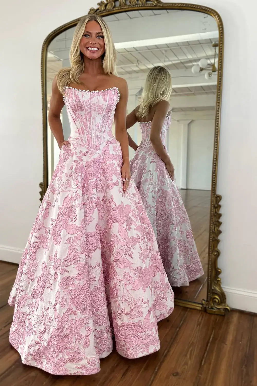 A Line Pink Floral Jacquard Prom Dress Strapless Pearls Scoop Neck