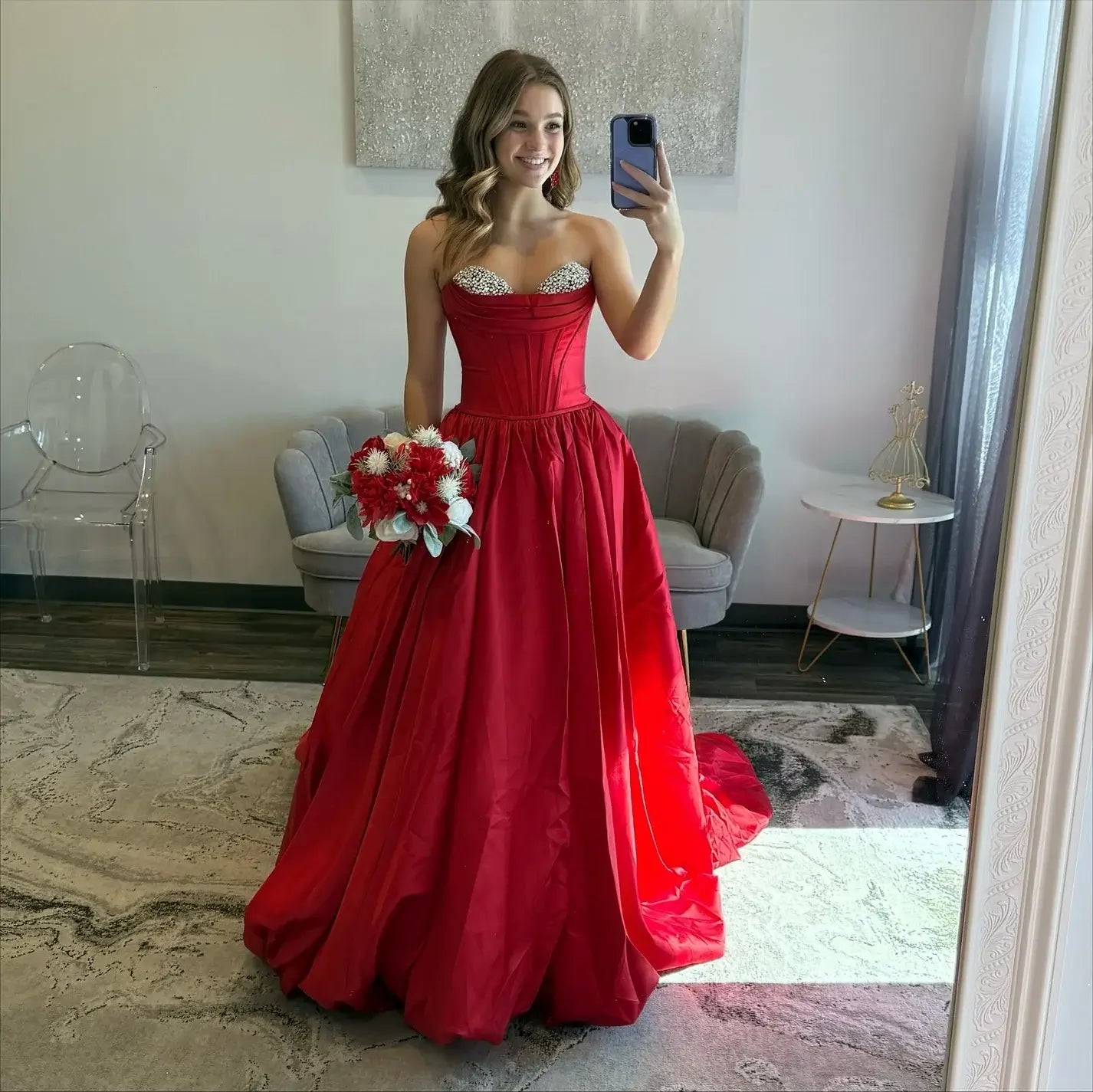 A Line Strapless Red Prom Dresses Corset Satin with Beaded