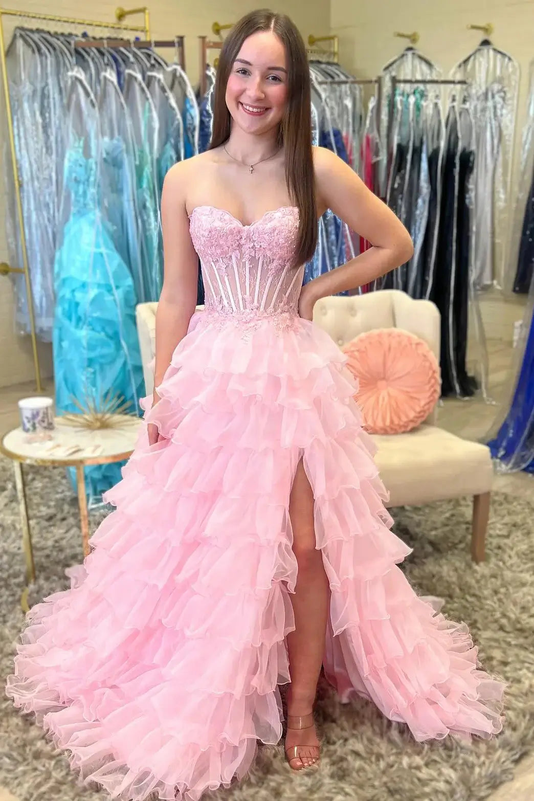 A Line Strapless Lace Pink Prom Dresses Tulle Appliqued Ruffles
