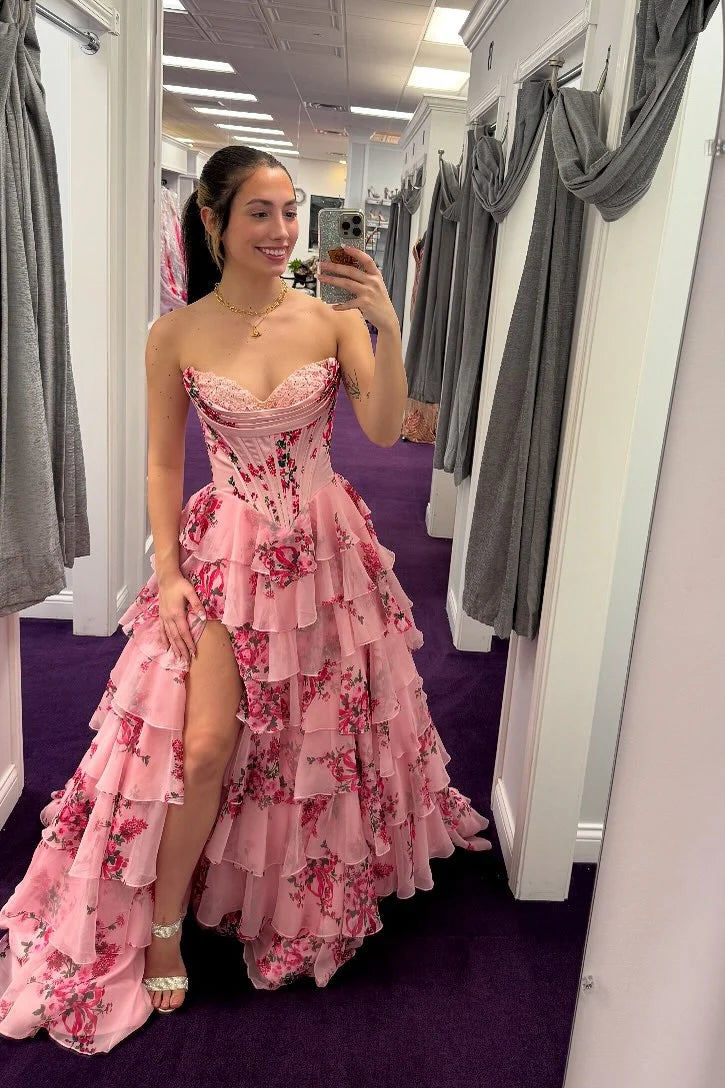 A-line Tiered Floral Pink Prom Dress Uk Sweetheart with Ruffles