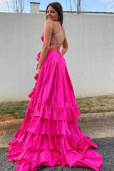 A Line Tiered Red Prom Dress Ruffles with Slit Lace-Up