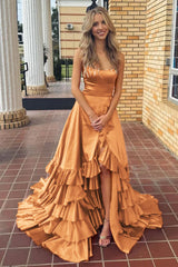 A Line Tiered Red Prom Dress Ruffles with Slit Lace-Up