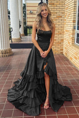 A Line Tiered Red Prom Dress Ruffles with Slit Lace-Up