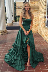 A Line Tiered Red Prom Dress Ruffles with Slit Lace-Up