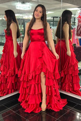 A Line Tiered Red Prom Dress Ruffles with Slit Lace-Up