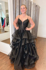 A Line V Neck Black Prom Dress Lace Appliques with Ruffles Tulle