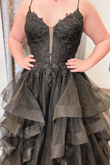 A Line V Neck Black Prom Dress Lace Appliques with Ruffles Tulle
