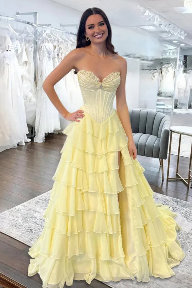 A Line yellow Prom Dresses Chiffon Ruffled Sweetheart With Beading