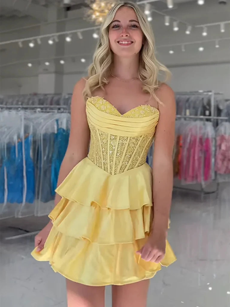 A Line Yellow Short Prom Dress Lace Ruffles Hoco Dress