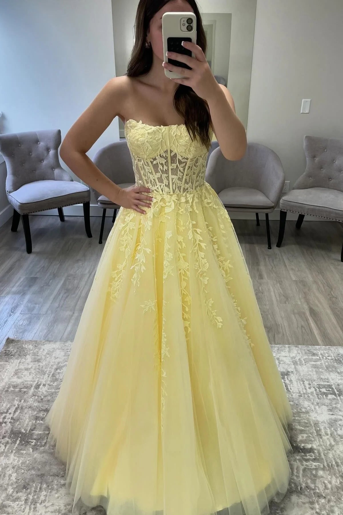 A-line Yellow Strapless Formal Dress Appliques Long Evening Dress Mychicdress
