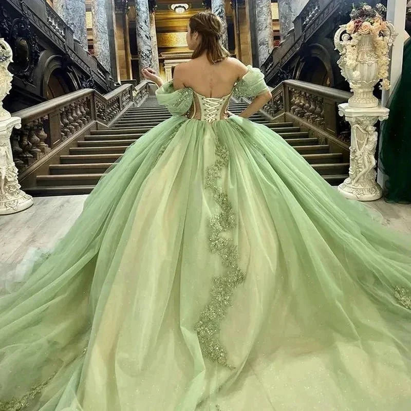 Affordable Sage Green Quinceanera Dress Off Shoulder Beading Floral Appliqué Mychicdress