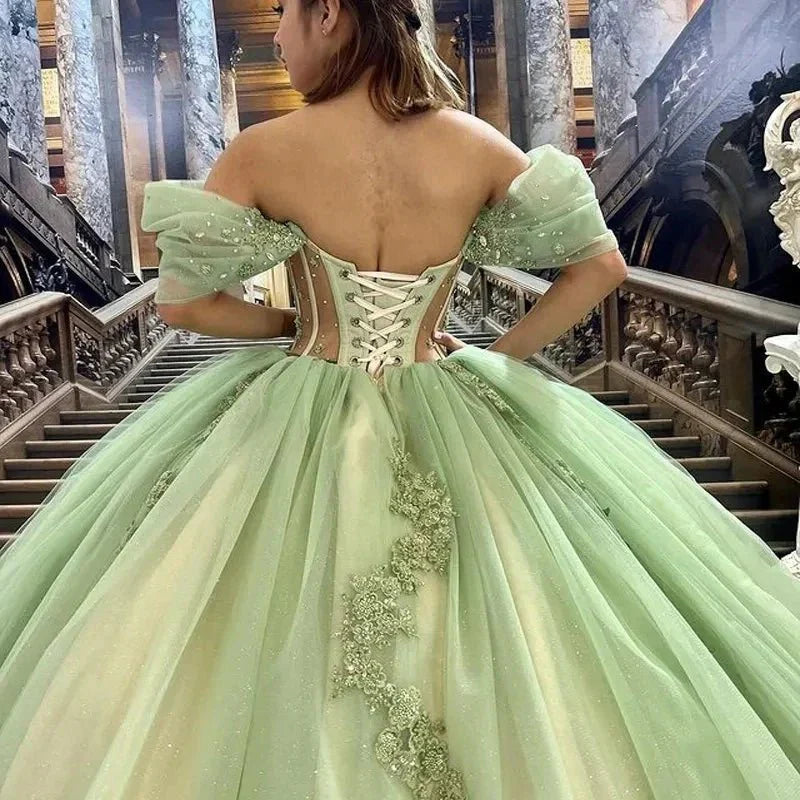 Affordable Sage Green Quinceanera Dress Off Shoulder Beading Floral Appliqué Mychicdress