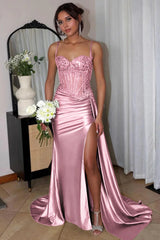 Appliqued Mermaid pink Prom Dress 2025 UK Sequined Spaghetti Straps