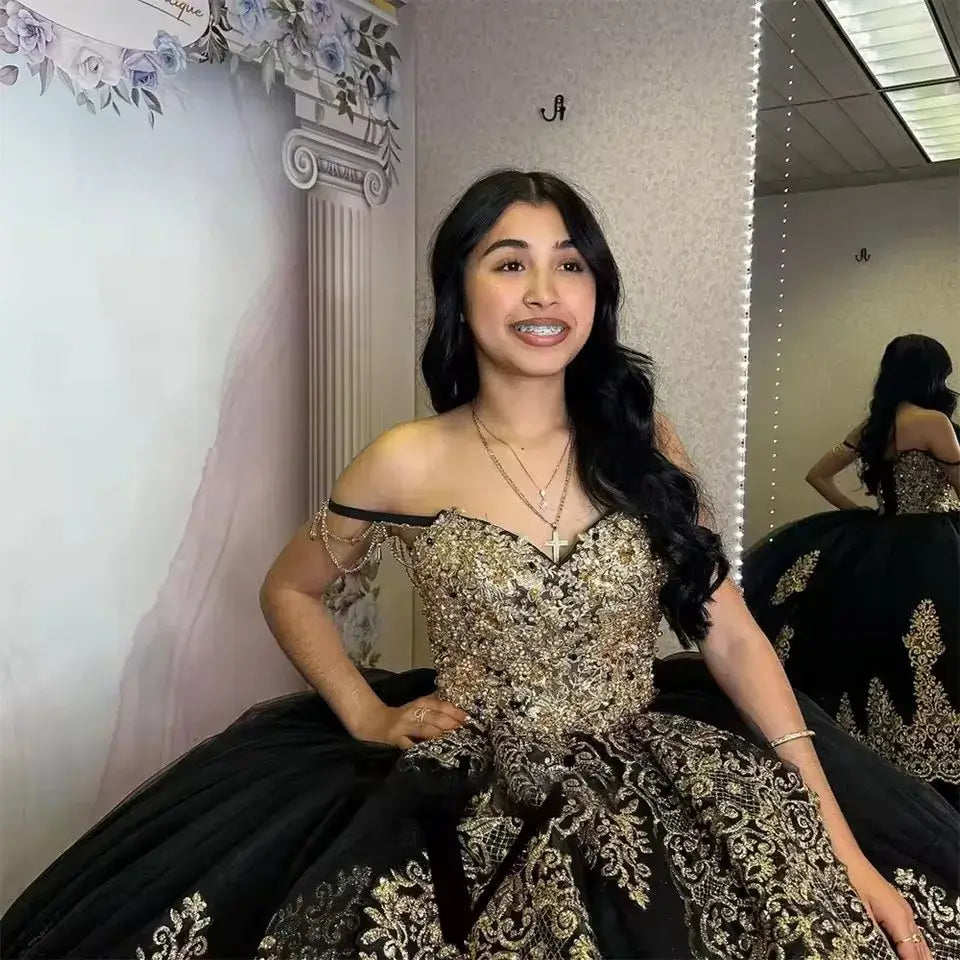 Ball Gown Black Quinceanera Dresses Gold Lace Vestido De 15