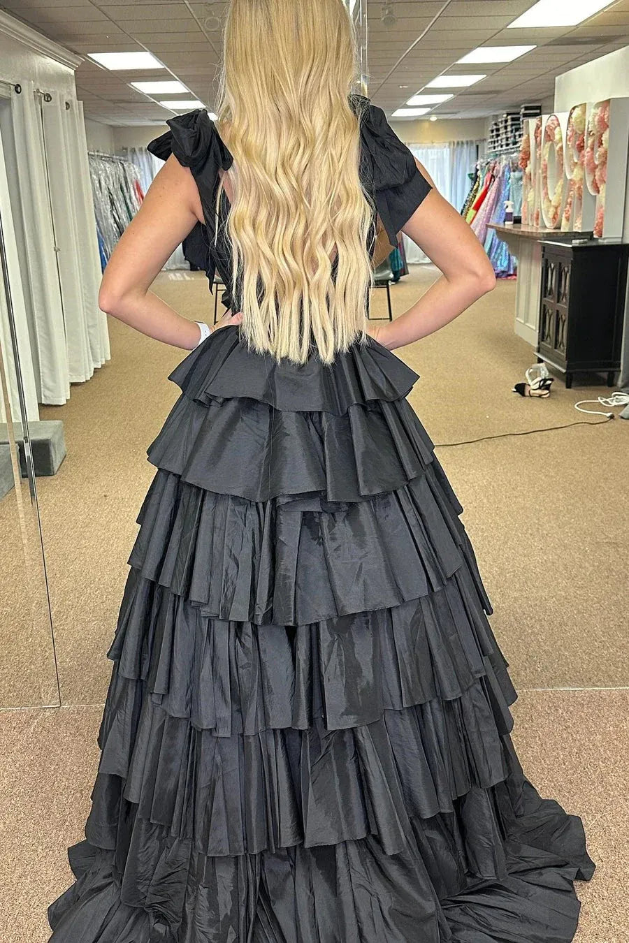 Black ruffled dress Ball Gown Satin Tiered  Prom Dresses Plunge V Neck with Slit