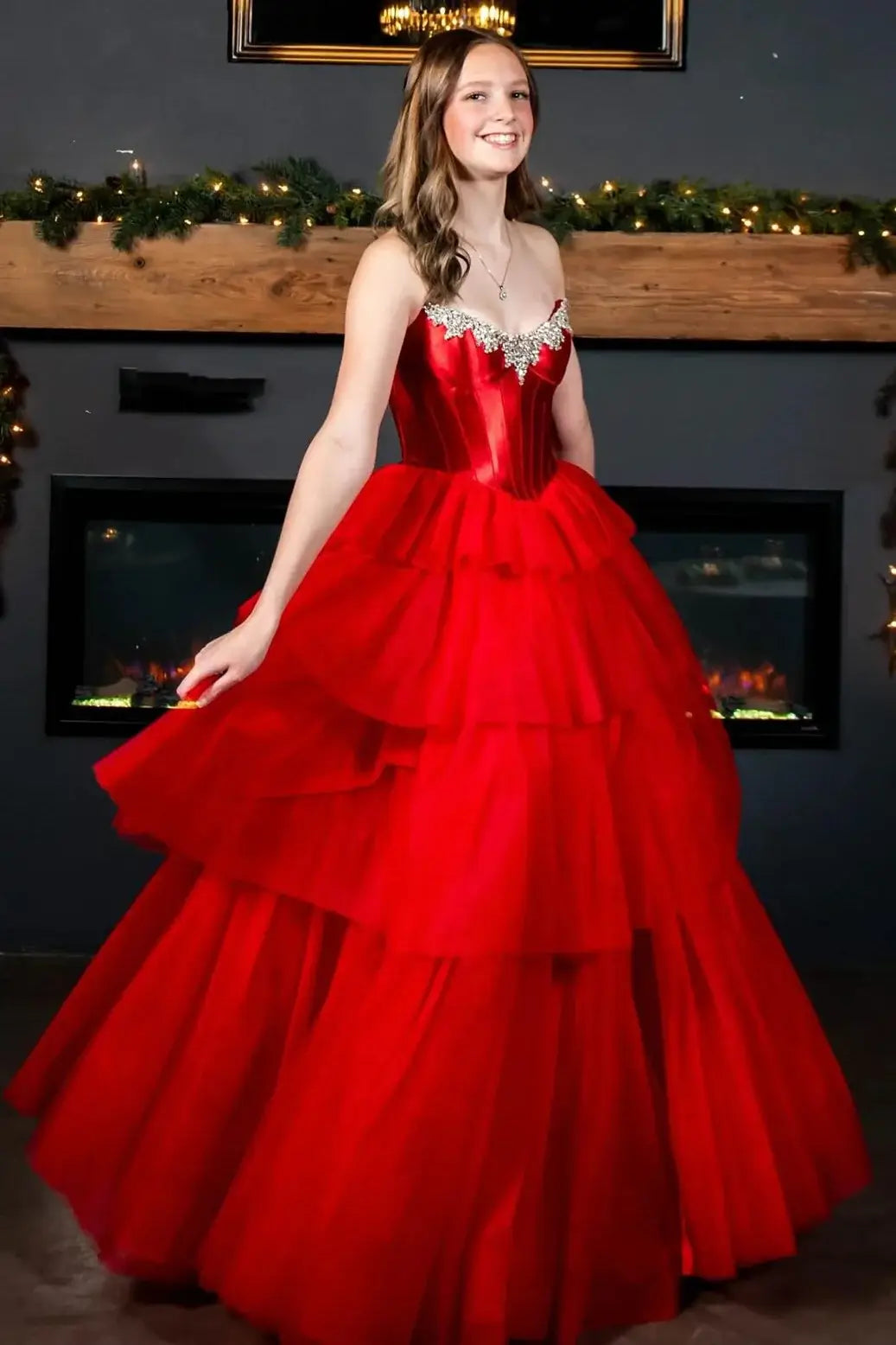 Ball Gown Corset Ruffle Prom Dresses Red Formal Dress Beaded with Slit