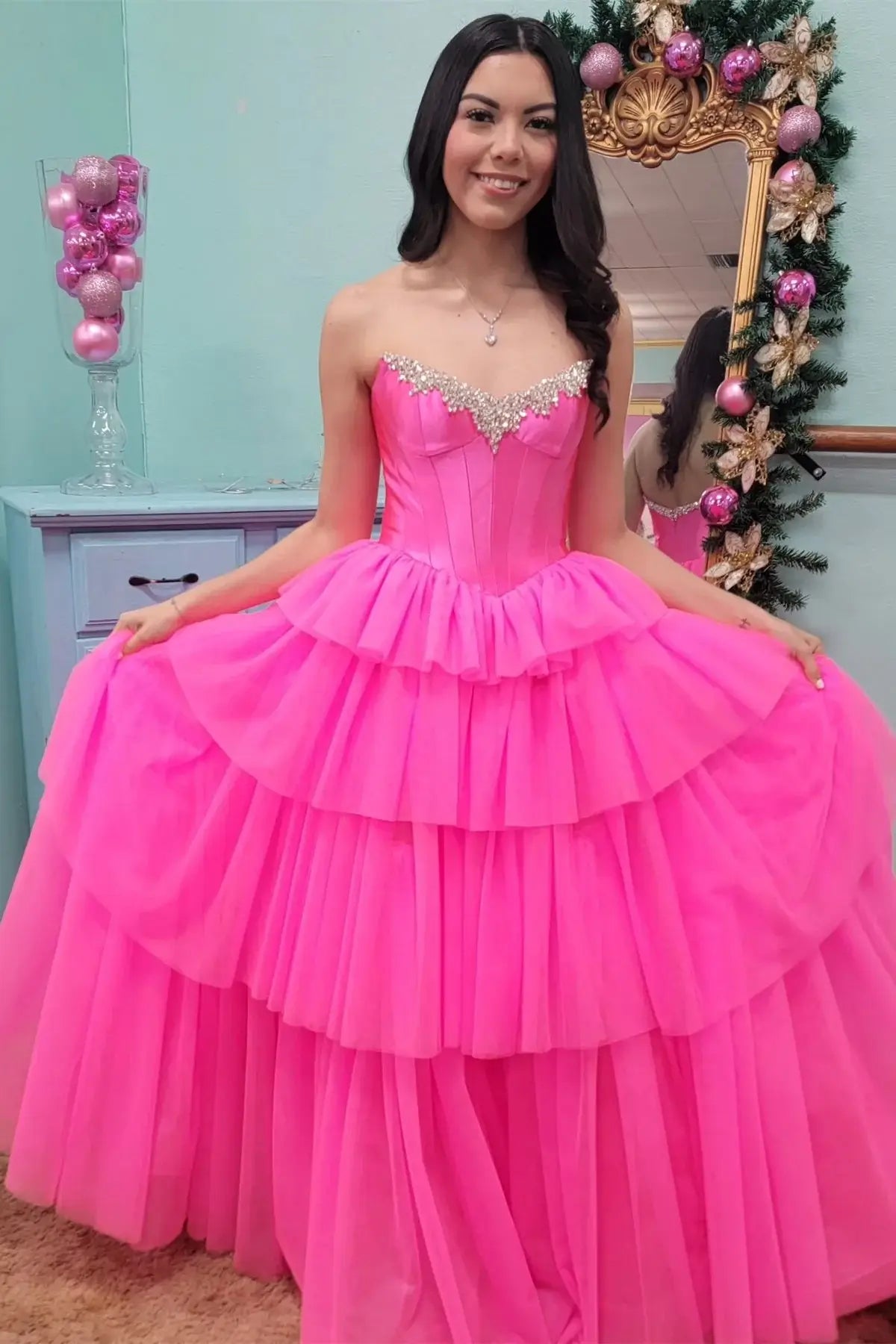 Ball Gown Corset Ruffle Prom Dresses Hot Pink Beaded with Slit