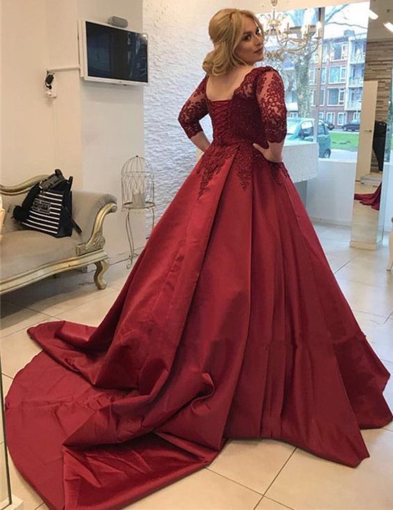 Ball Gown Dark Red Satin Wedding Dresses with Lace Appliques