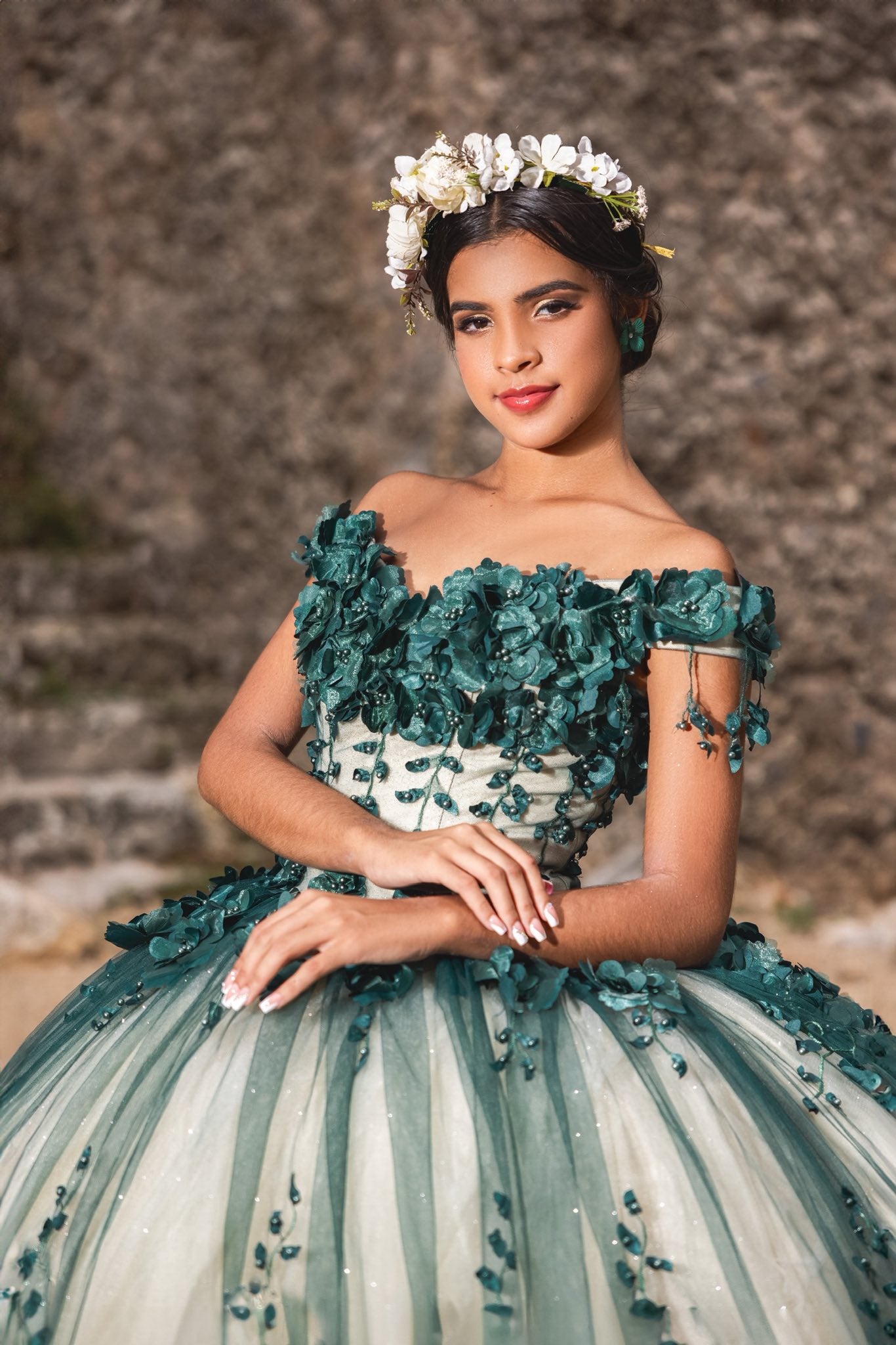 Ball Gown Emerald Green Quince Dresses Off the shoulder with 3D Flowers