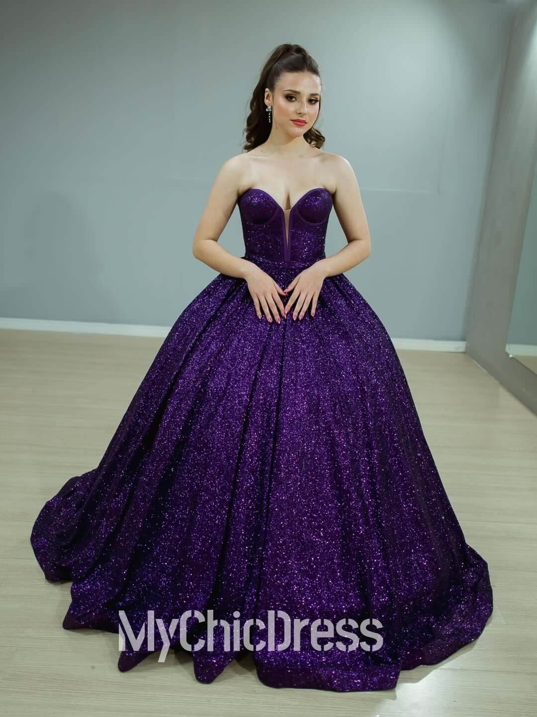 Ball Gown Glitter Purple Sequin Quinceanera Dress Strapless Wedding Gown