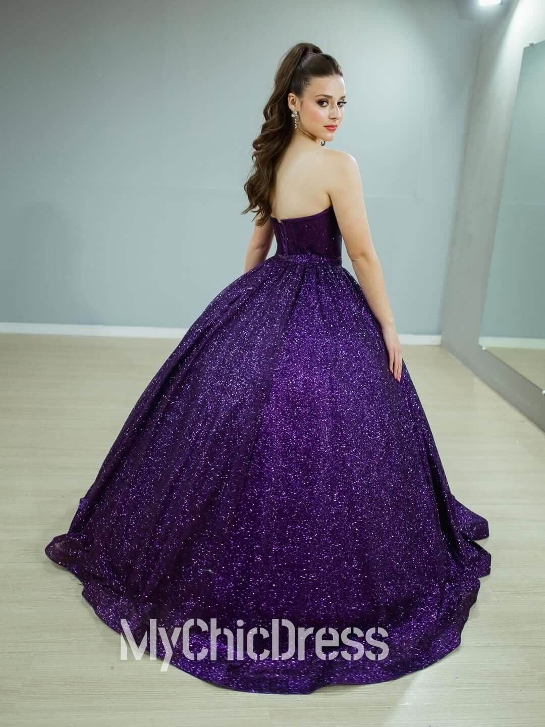 Ball Gown Glitter Purple Sequin Quinceanera Dress Strapless Wedding Gown