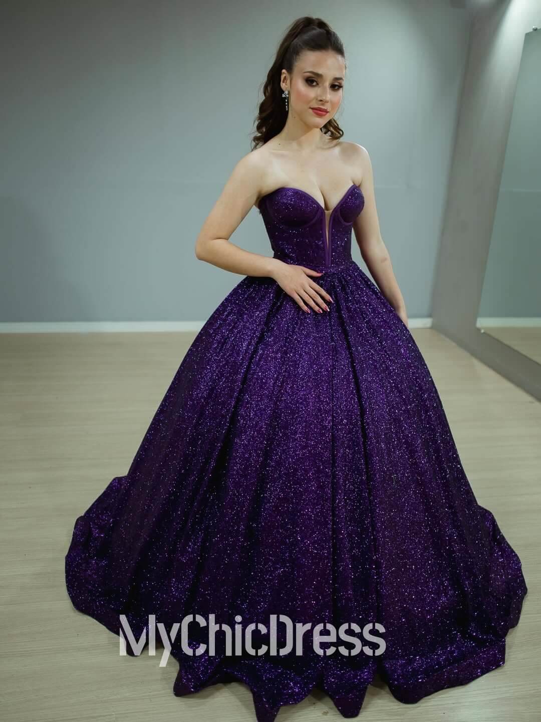 Ball Gown Glitter Purple Sequin Quinceanera Dress Strapless Wedding Gown