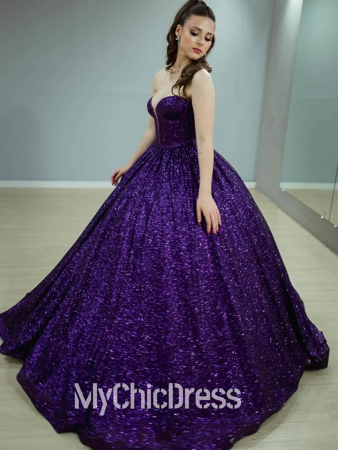 Ball Gown Glitter Purple Sequin Quinceanera Dress Strapless Wedding Gown
