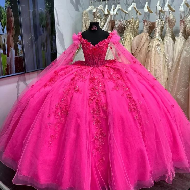 Ball Gown Hot Pink Lace Quinceañera Dress Off-Shoulder with Cape