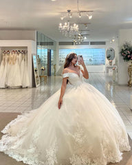 Ball Gown Lace Wedding Dress Tulle V-Neck Bridal Gown Cap Sleeves Mychicdress