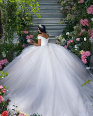 Ball Gown Lace Wedding Dress Tulle V-Neck Bridal Gown Cap Sleeves Mychicdress