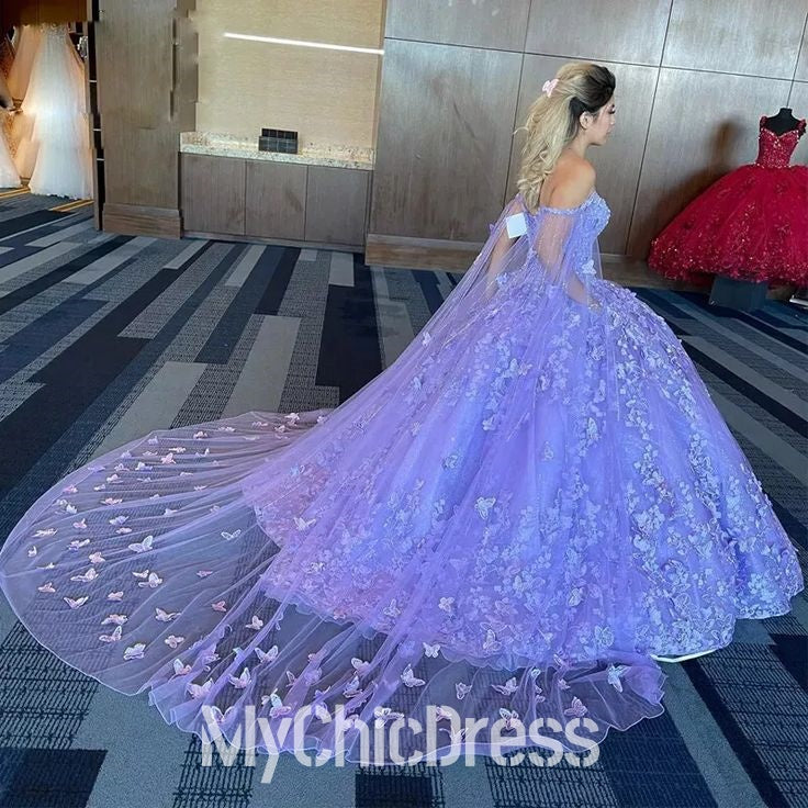 Ball Gown Lavender Quinceanera Dresses 3D Butterfly With Cloak
